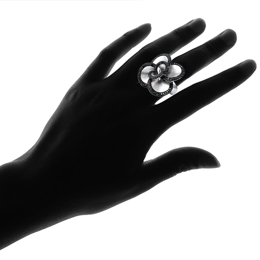 Round Cut Floral Ring with Black Diamonds on 14 Karat Satin Finished White Gold in Stock For Sale