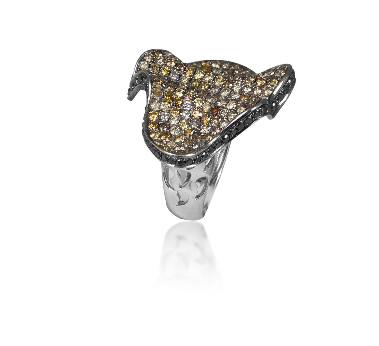 Contemporary Black and Fancy Colors Diamonds Ring Micro Pave Set in 18 Karat White Gold Sale For Sale