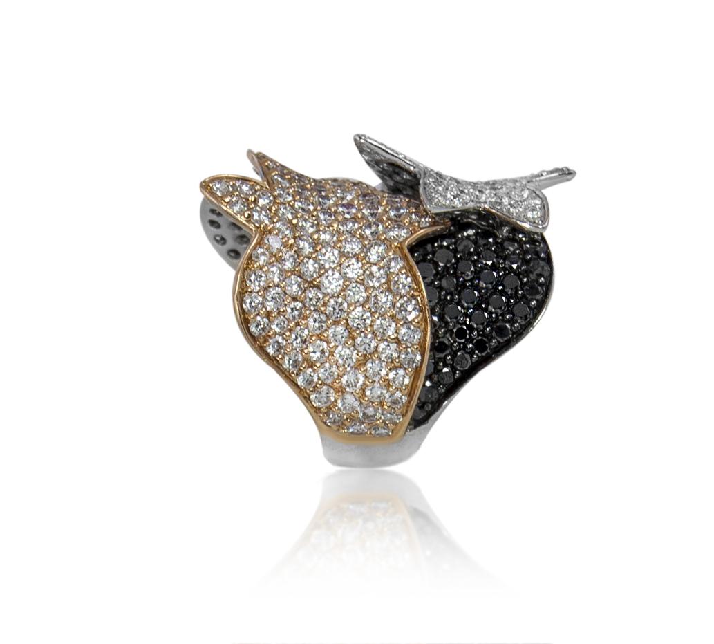 This uniquely designed ring was created by artist inspired by shooting stars at night sky, beautifully created in 18 karat white and yellow gold with 3.90 carats of white diamonds over background of 1.85 carats of exotic black diamonds.
This ring is