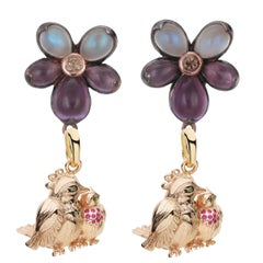 Sylvie Corbelin Gold and Silver Love Birds Earrings with Pansies 