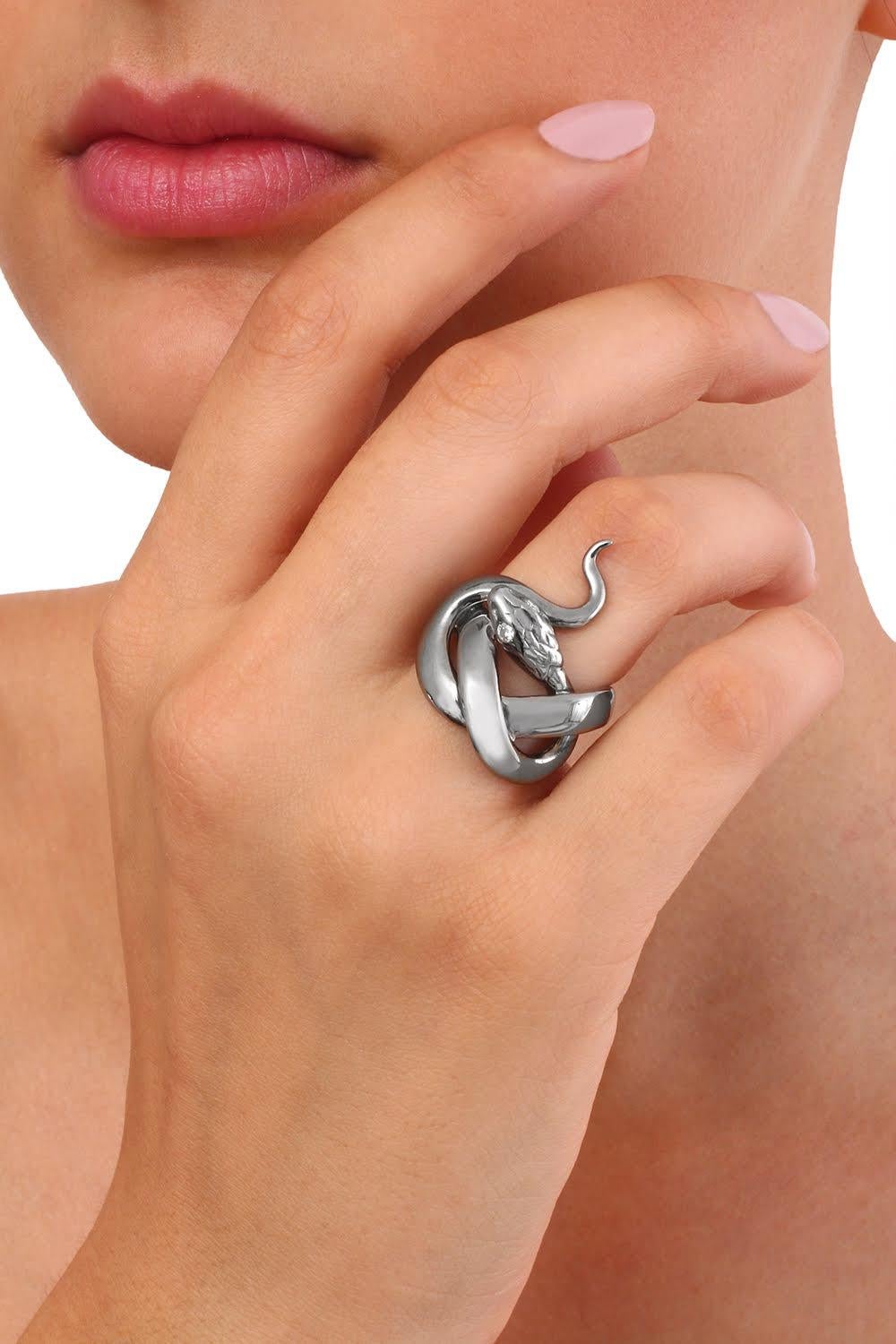 French Cut Sylvie Corbelin Signature Snake Ring in Patinated Silver and Diamonds For Sale