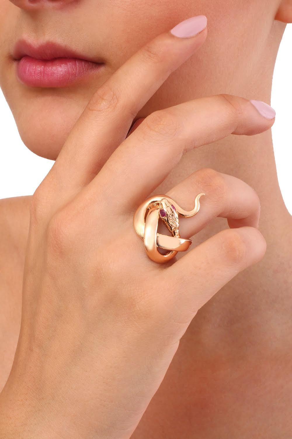 Baroque Sylvie Corbelin Signature Snake Ring in 18K Rose Gold and Rubies For Sale