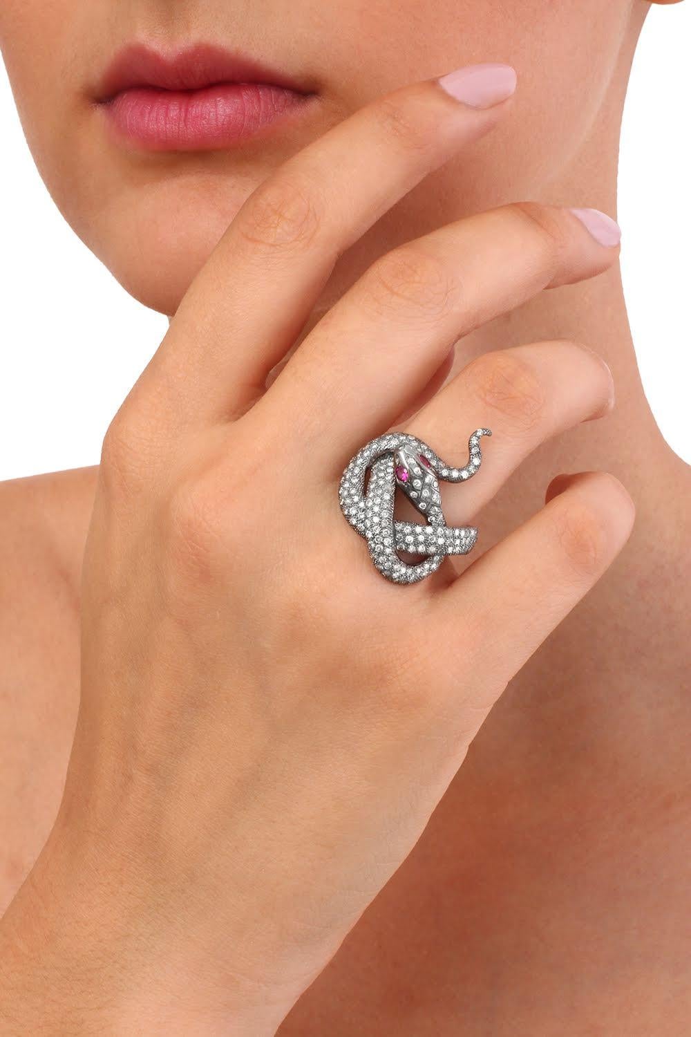 French Cut Sylvie Corbelin Signature Snake Ring in Patinated Silver and Diamonds For Sale