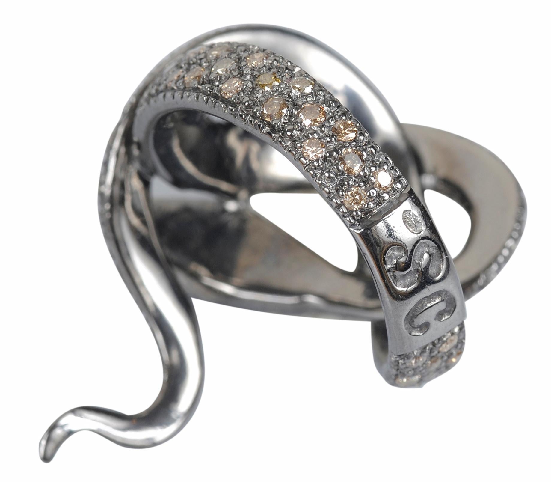 Baroque Sylvie Corbelin Signature Snake Ring in Patinated Silver and Diamonds For Sale