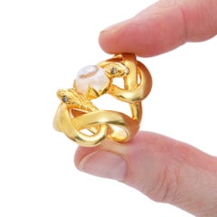 Sylvie Corbelin Unique Double Snake Ring with Moonstone in Gold and Silver