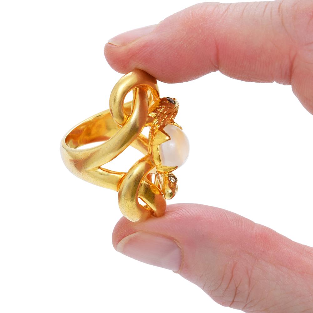 Baroque Sylvie Corbelin Unique Double Snake Ring with Moonstone in Gold and Silver For Sale