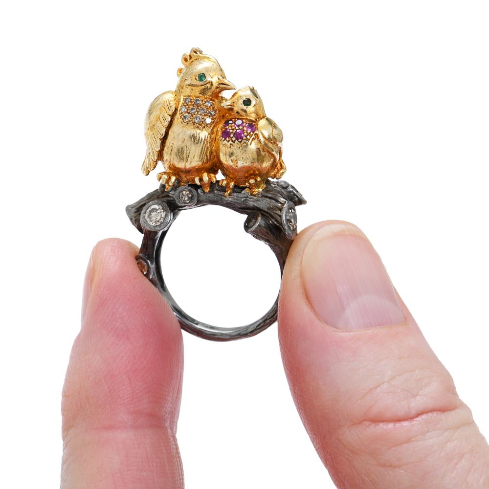 Baroque Sylvie Corbelin Patinated Silver and Vermeil Love Birds Ring with Diamonds