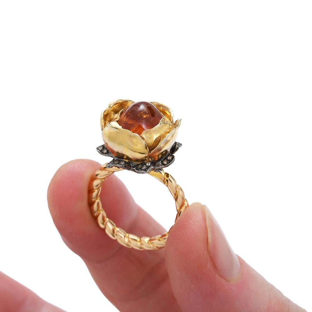 Romantic Sylvie Corbelin One of a Kind One Rose Flower Ring with Spessartite Garnet For Sale