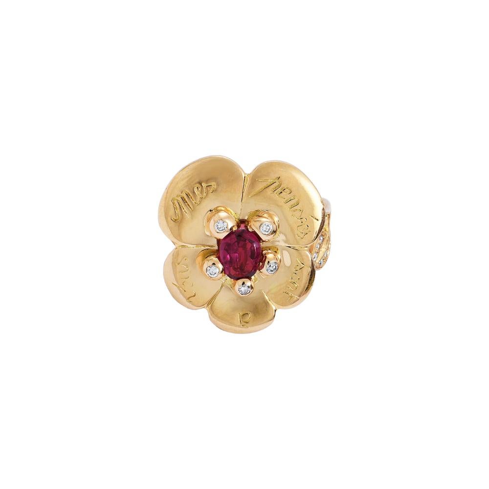 Art Nouveau Sylvie Corbelin Limited Edition of an 18K Gold Pansy Ring with Rodholite Garnet For Sale