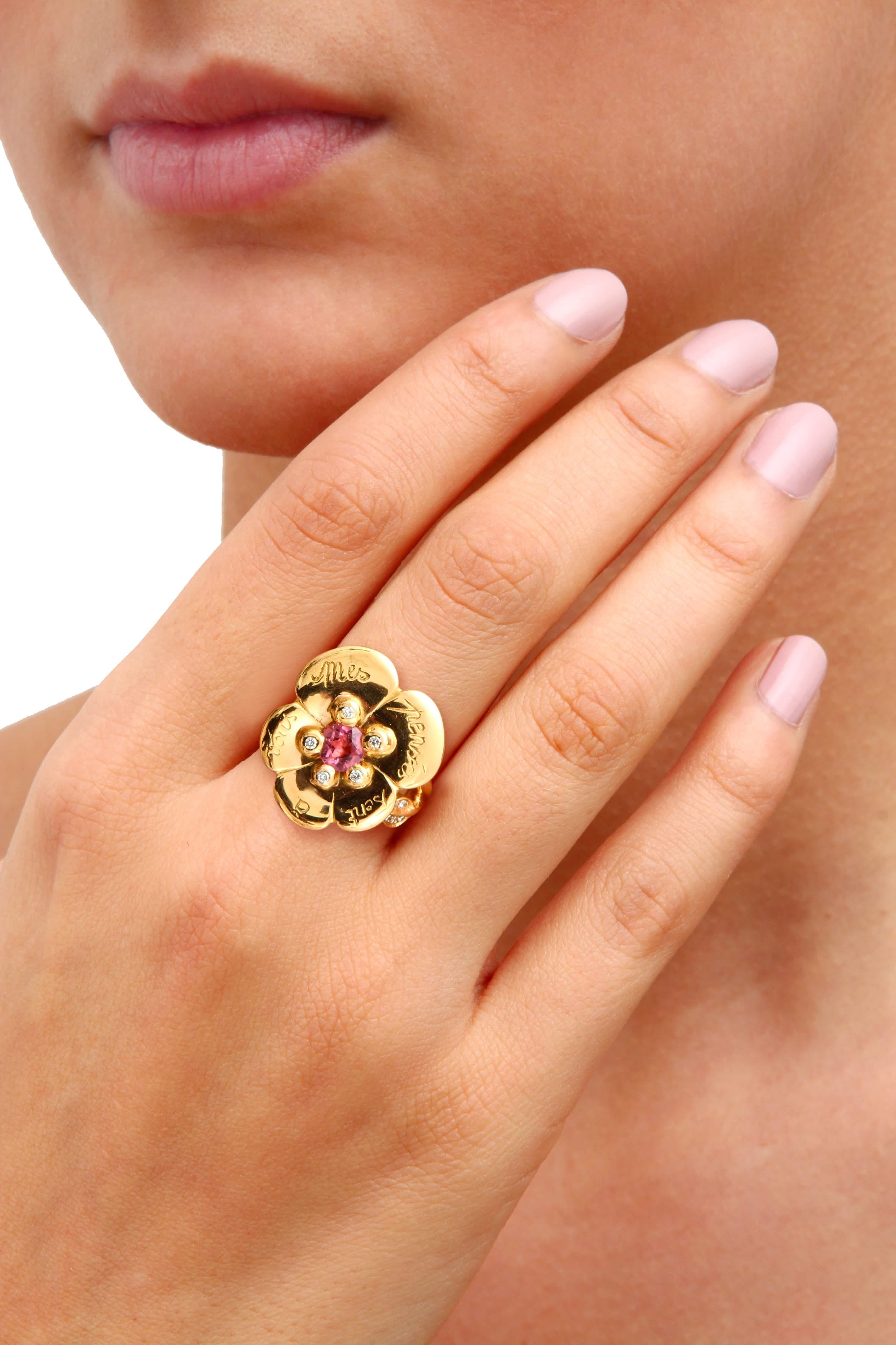 Sylvie Corbelin Limited Edition of an 18K Gold Pansy Ring with Rodholite Garnet For Sale 2