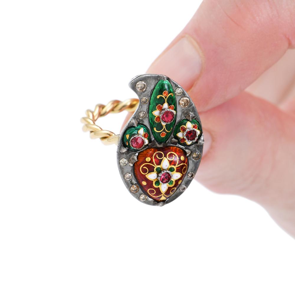Pre-Raphaelite Sylvie Corbelin One of a Kind Paisley Shape Gold and Silver Ring with Enamel For Sale
