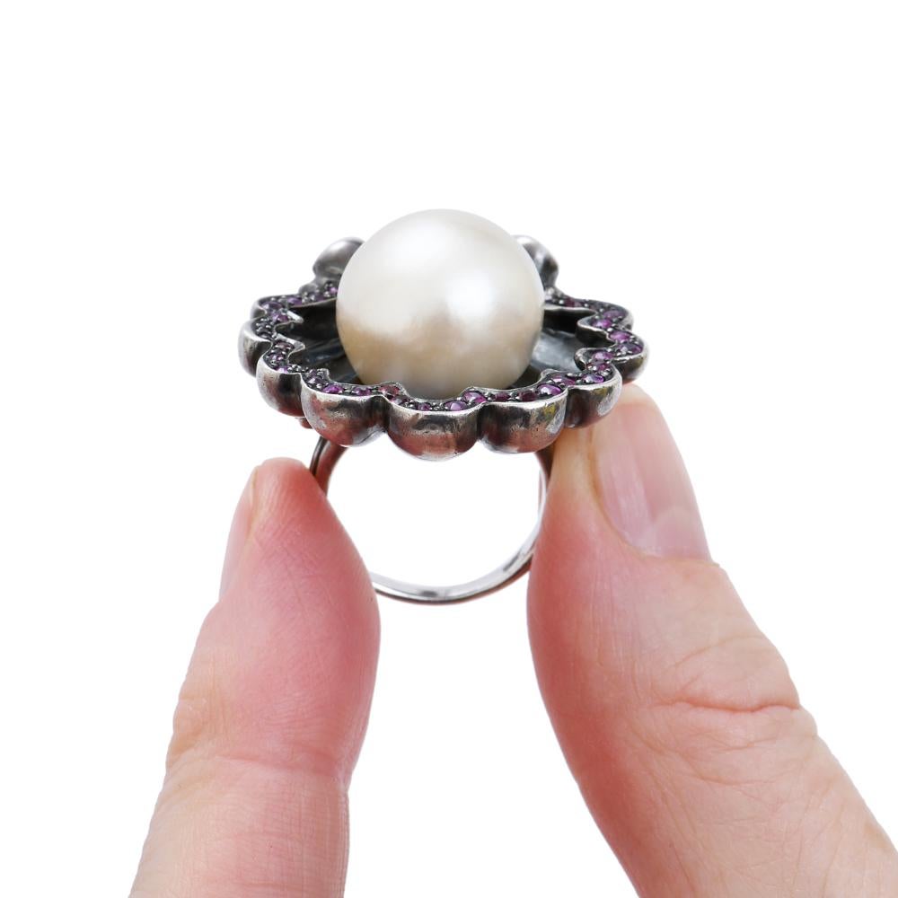 Baroque Sylvie Corbelin Unique Shell Shape Ring with a South-Sea Pearl and Rubies For Sale