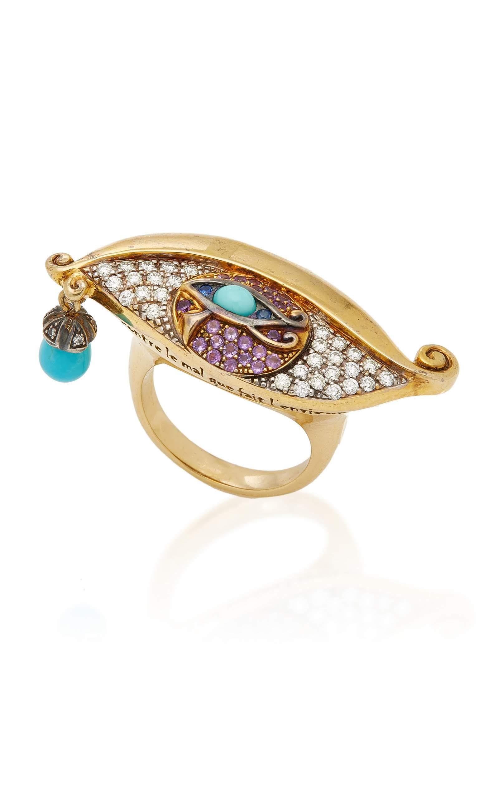 Egyptian Revival Sylvie Corbelin Eye Of Horus Ring in Gold and Silver with Diamonds 