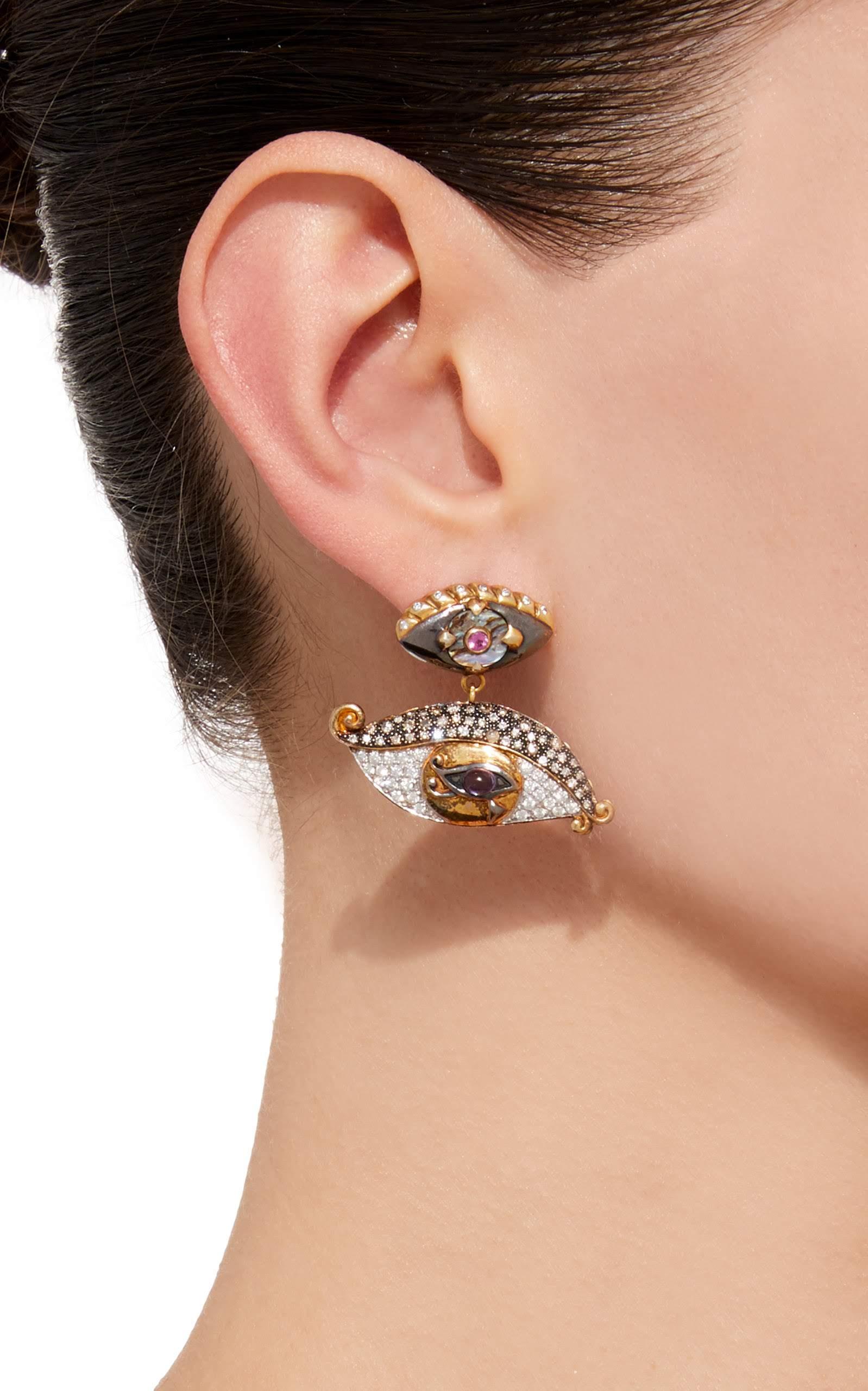 Egyptian Revival Sylvie Corbelin Unique Eye Shape Earrings in Gold and Silver with Diamonds For Sale