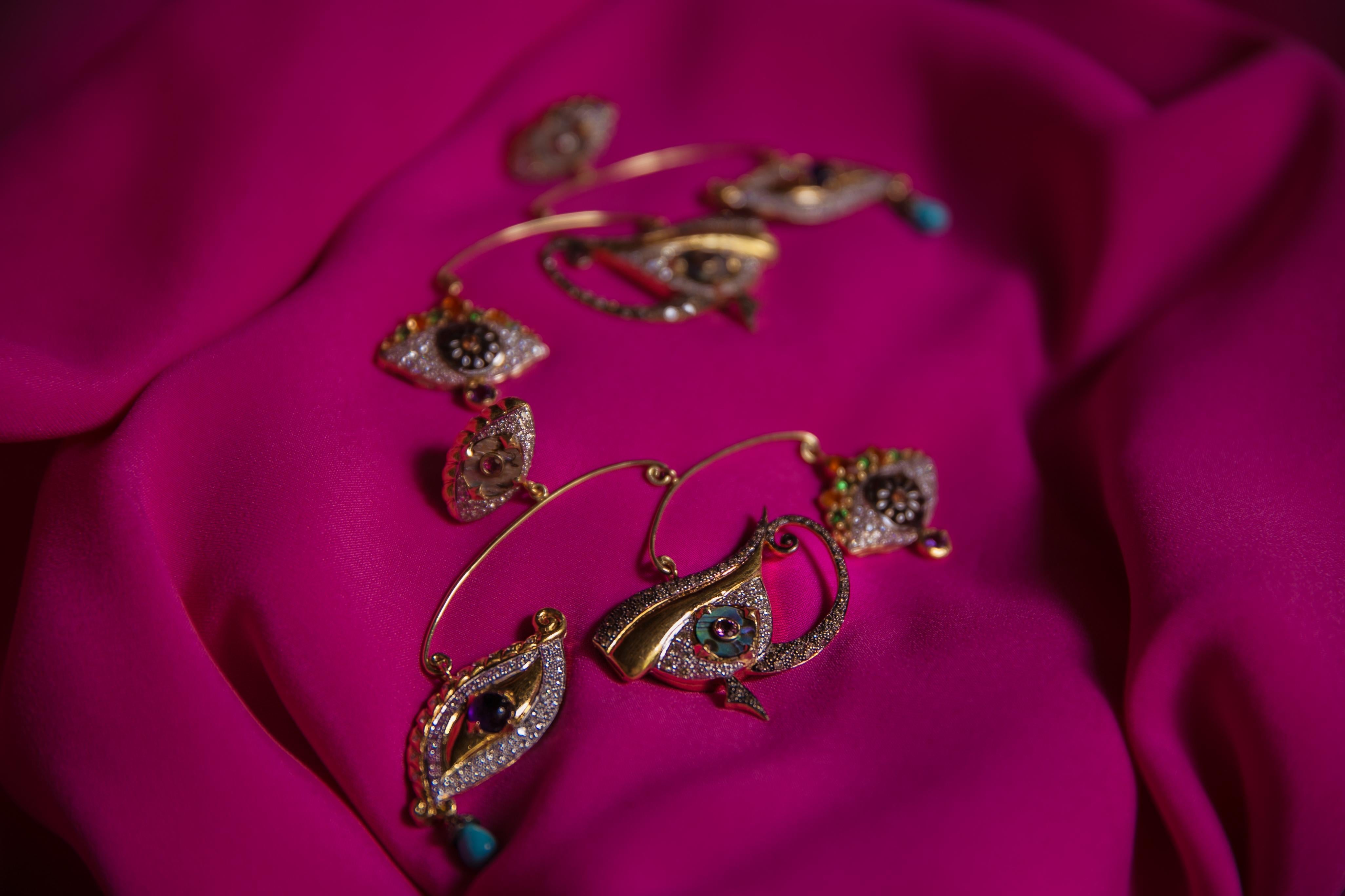 Egyptian Revival Sylvie Corbelin Limited Edition of  Two of Mobile Eye Shape Earrings  For Sale