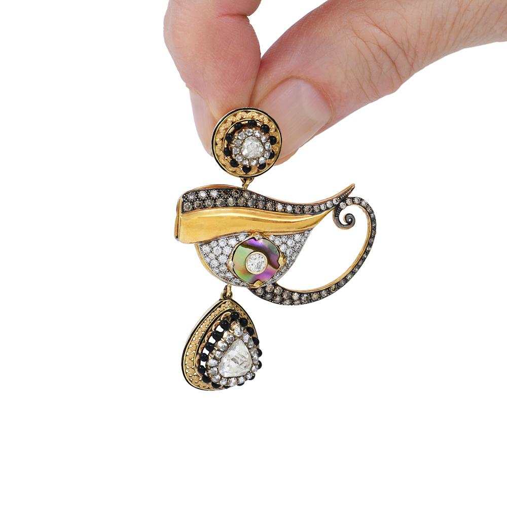 Egyptian Revival Sylvie Corbelin One of A Kind Eye Shape Pair of Earrings with Rosecut Diamonds