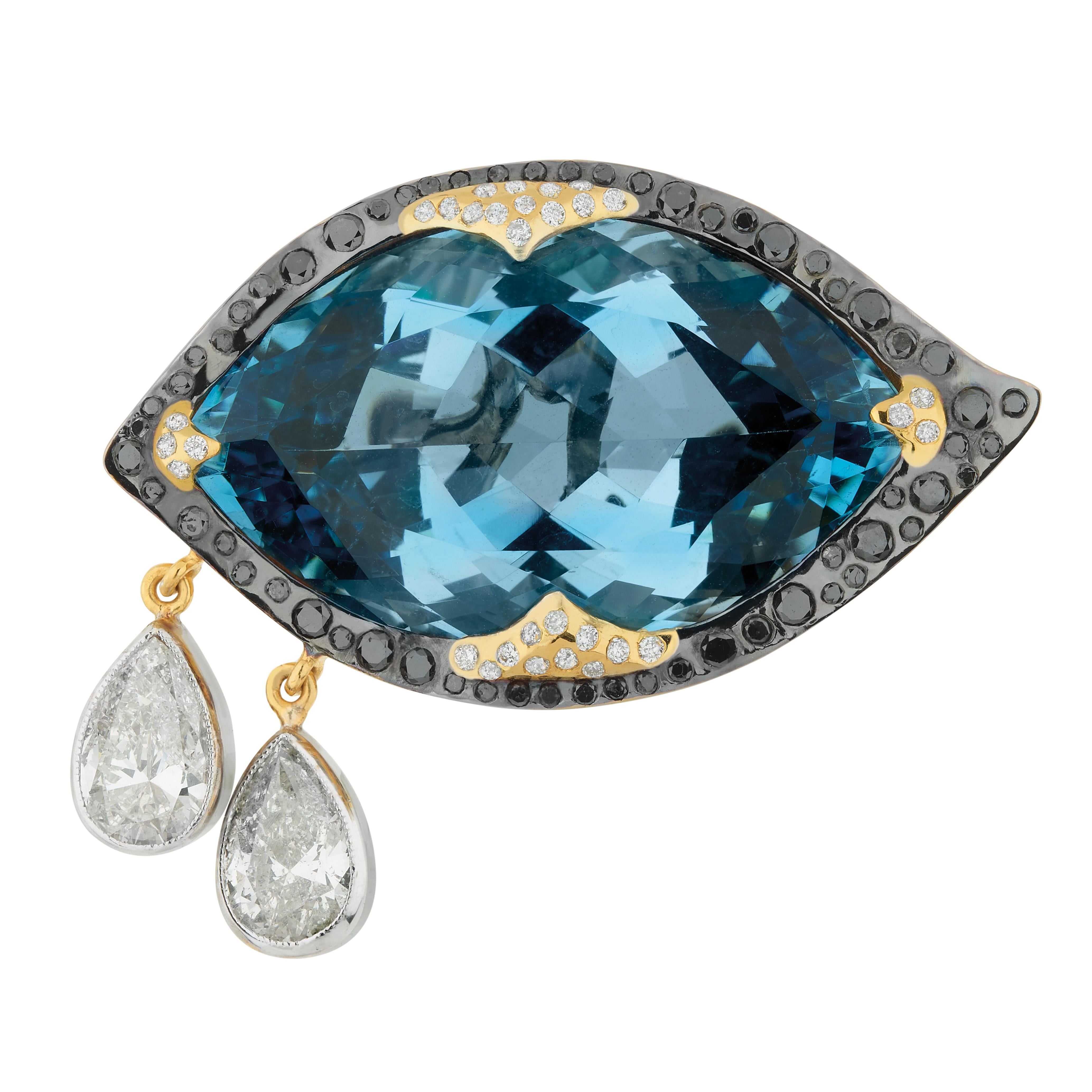 Sylvie Corbelin Santa Maria Mine Aquamarine Eye Shape Ring in Gold and Diamonds For Sale