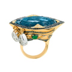 Sylvie Corbelin Santa Maria Mine Aquamarine Eye Shape Ring in Gold and Diamonds