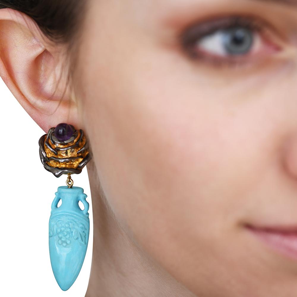 Women's Sylvie Corbelin Turquoise and Amethyst Amphora Earrings in Gold and Silver For Sale