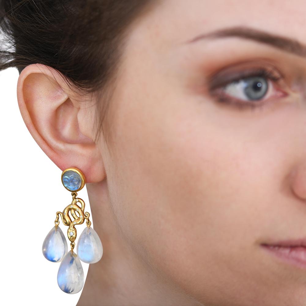 Baroque Revival Sylvie Corbelin Moonstone and Diamond Chandelier Earrings in 18K Gold and Silver For Sale