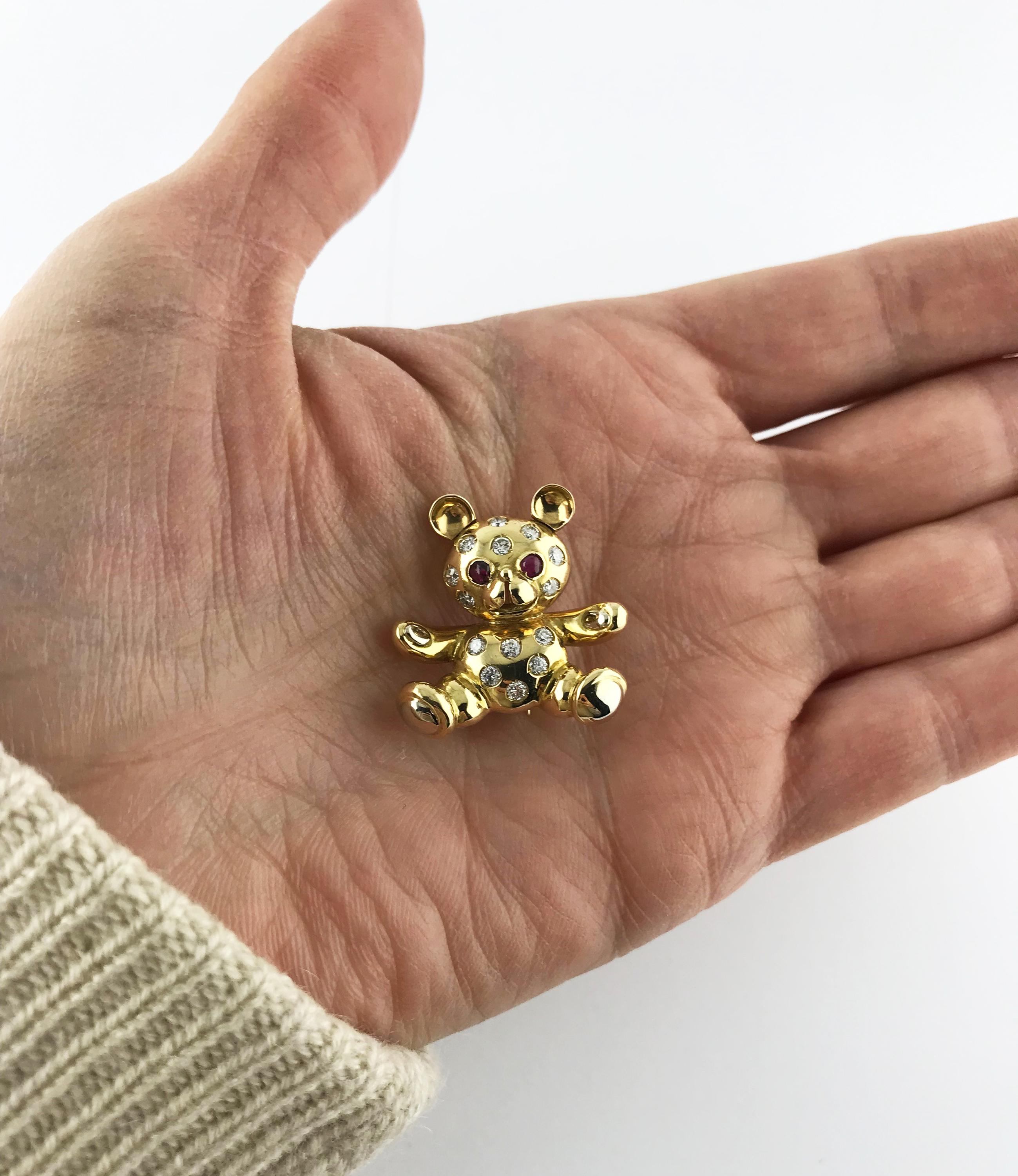 Gold Ruby Diamond Teddy Bear Brooch, circa 1960 In Excellent Condition In London, GB