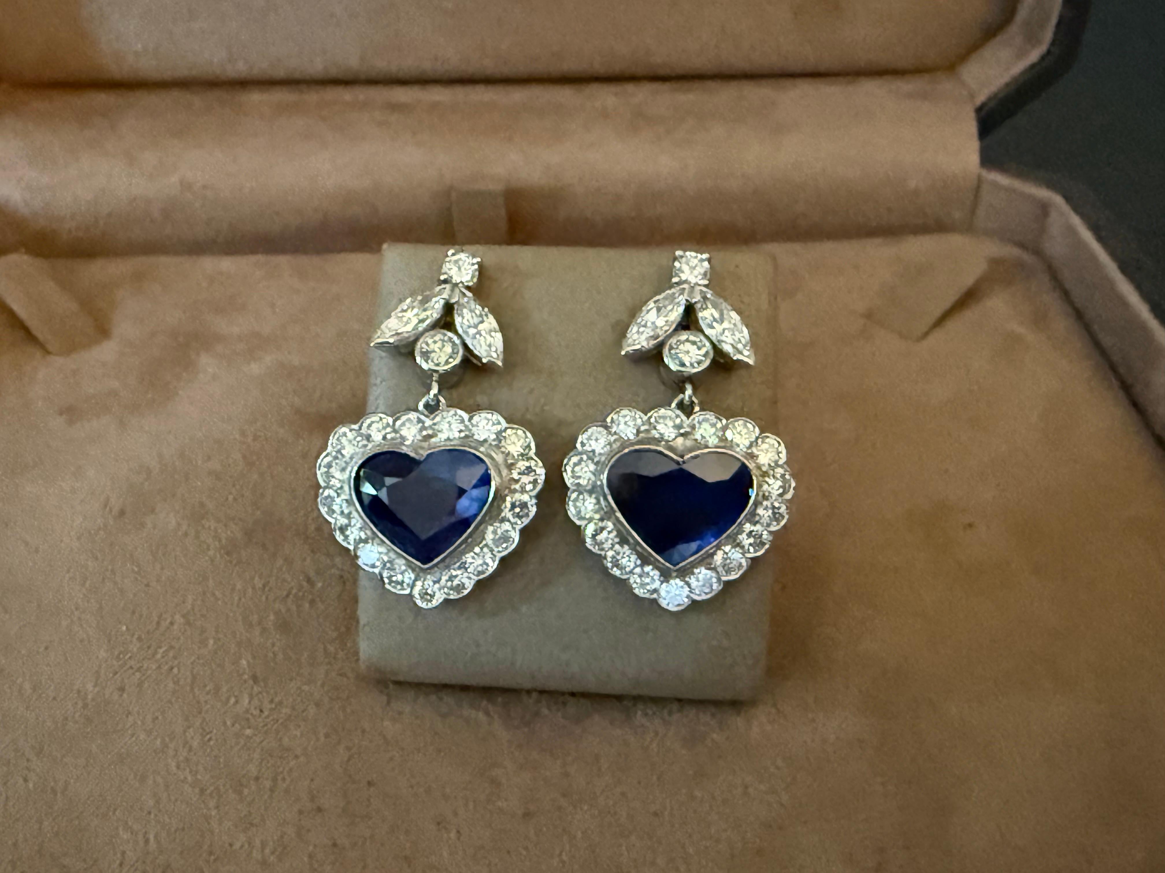 1 8 K White Gold drop Earrings with Heart Shape Sapphires & Diamonds For Sale 10