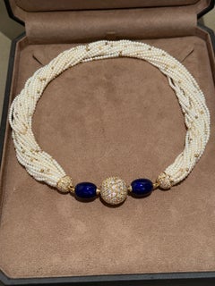 18 K Yellow Gold Cultured Pearl Torsade Enamel Diamond Ball Clasp