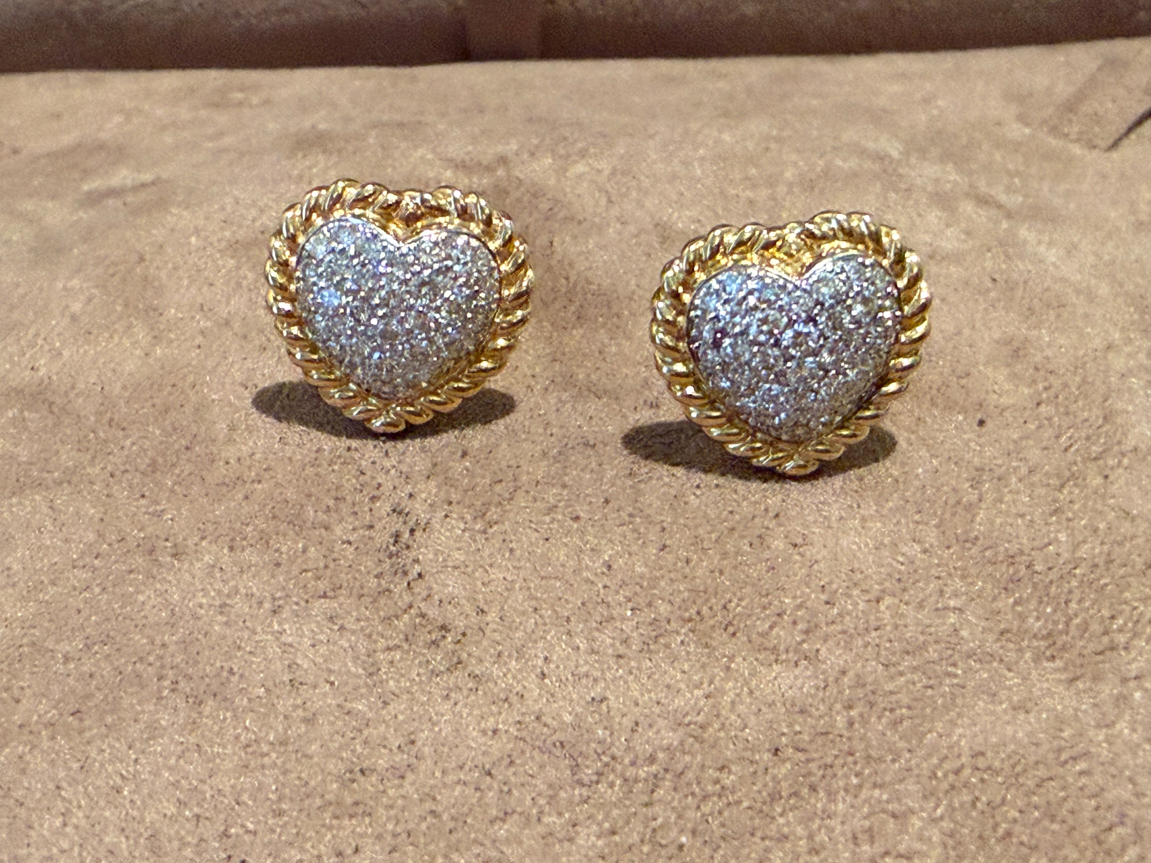 Pair of Vintage Heart Shaped 18 K Yellow and White Gold Diamond Earclips