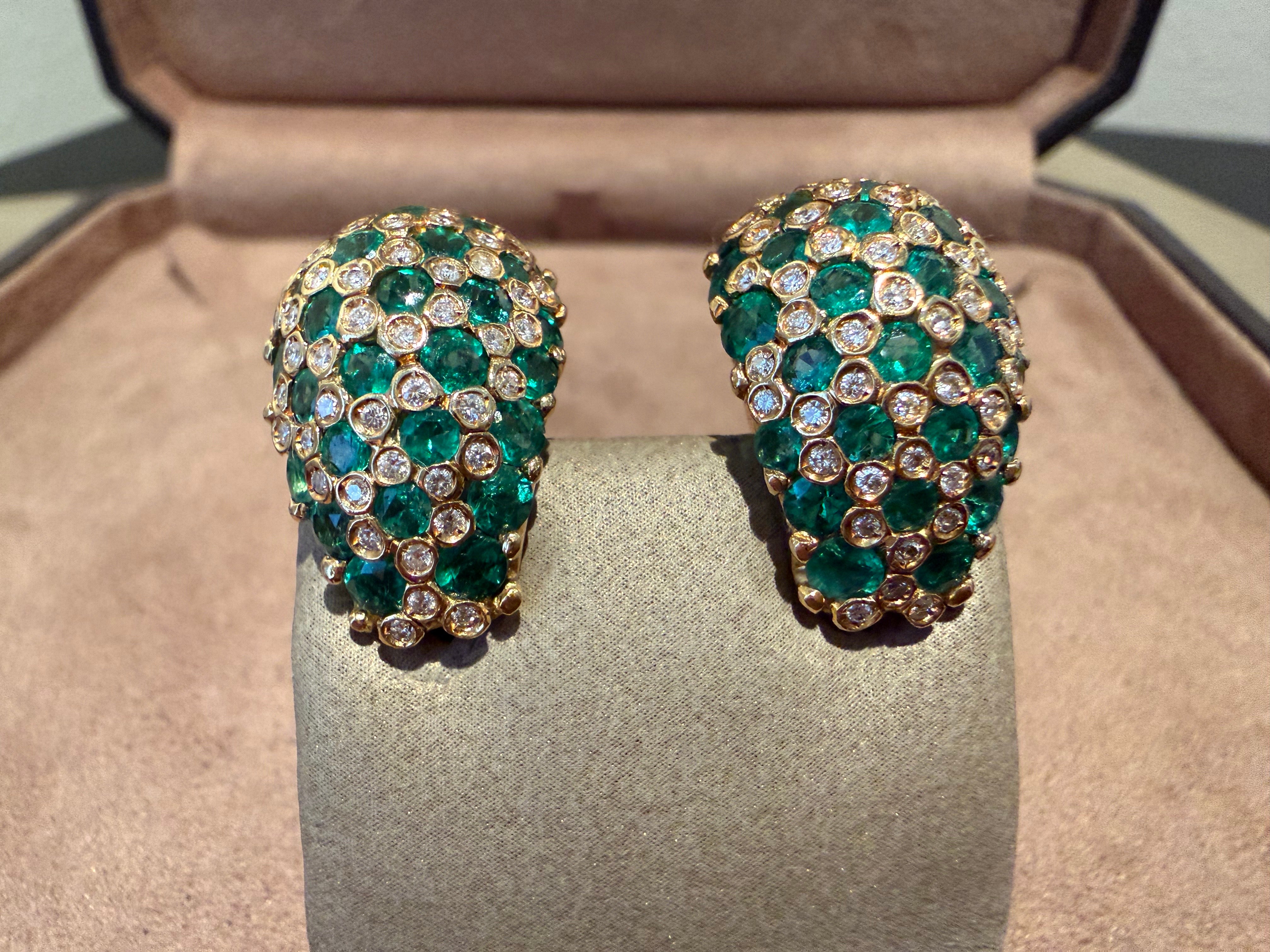 Pareja de Vintage italianos Pendientes Diamante Esmeralda bombé Oro amarillo 18 K