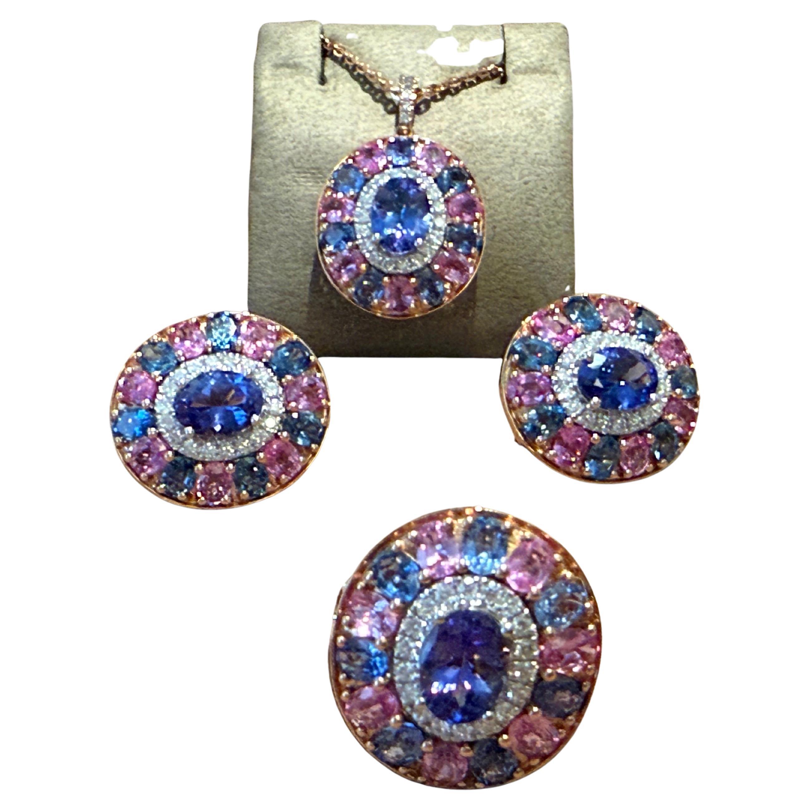18k Rose Gold Cluster Earrings Tanzanite Pink Sappire Blue Sapphire Diamond