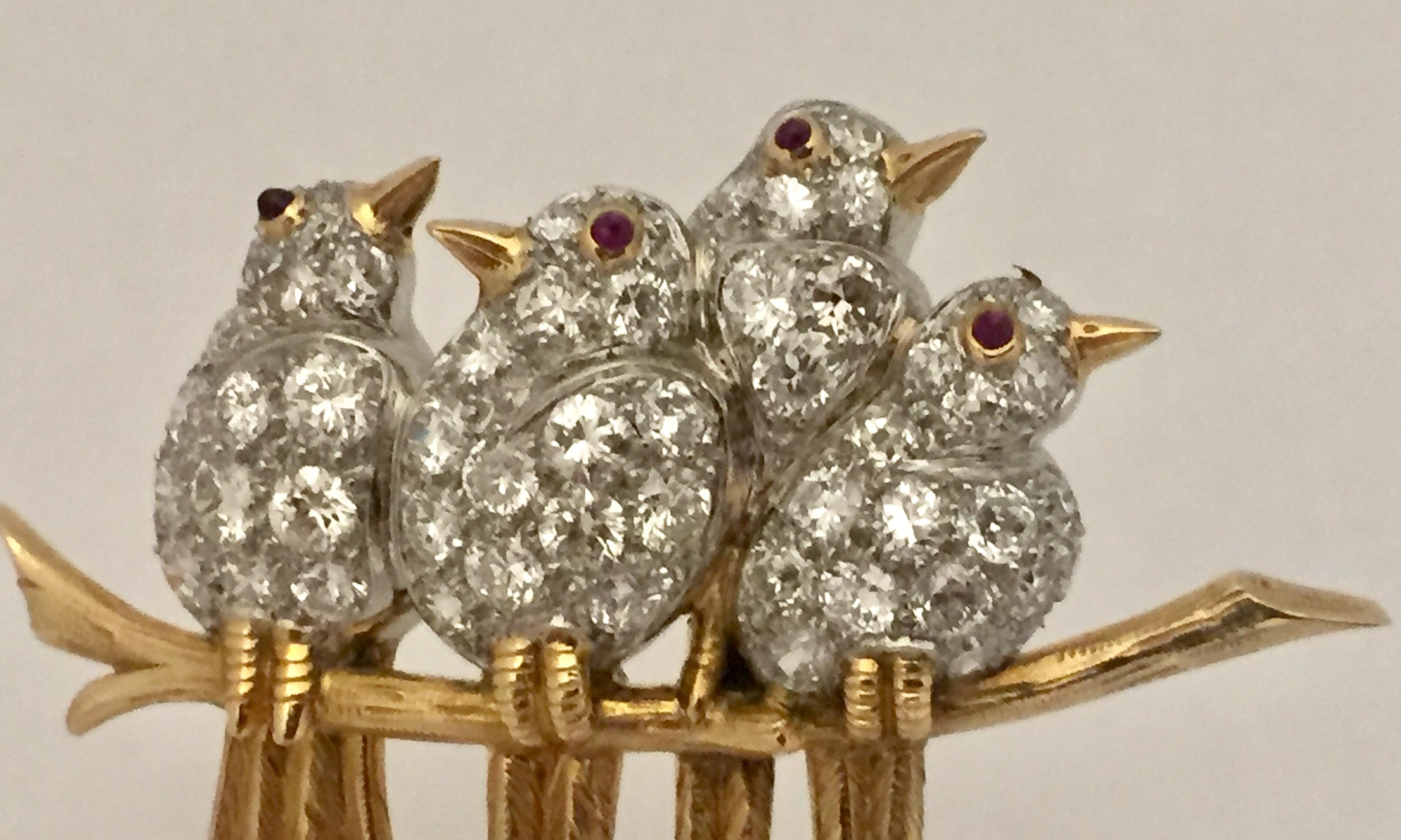 Round Cut Rare 1950s Van Cleef & Arpels Yellow Gold Diamond and Ruby Vintage Bird Brooch