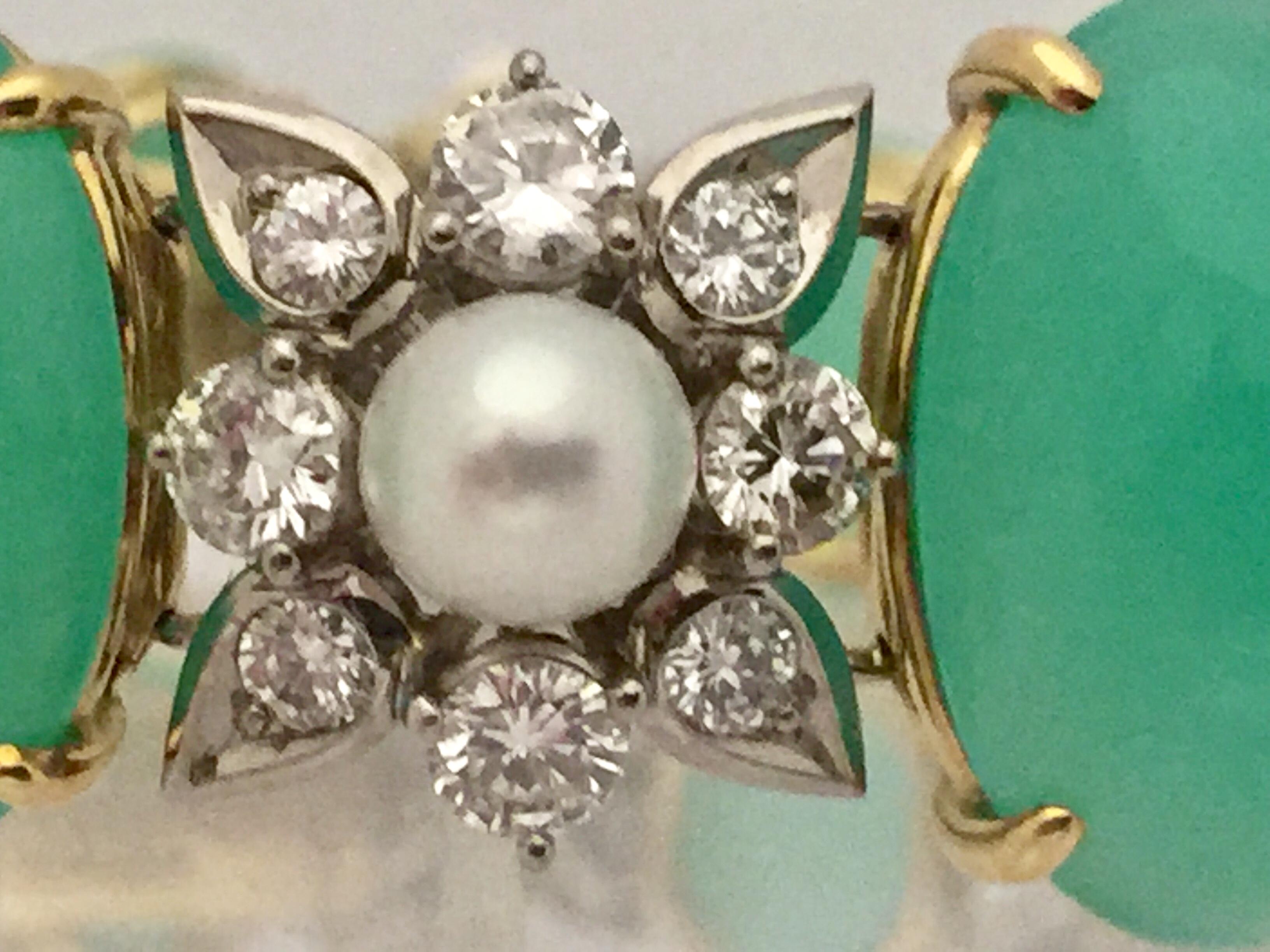 Contemporary 18 Karat Gold Chrysoprase Diamond-Pearl Bracelet, René Kern, circa 1970 For Sale