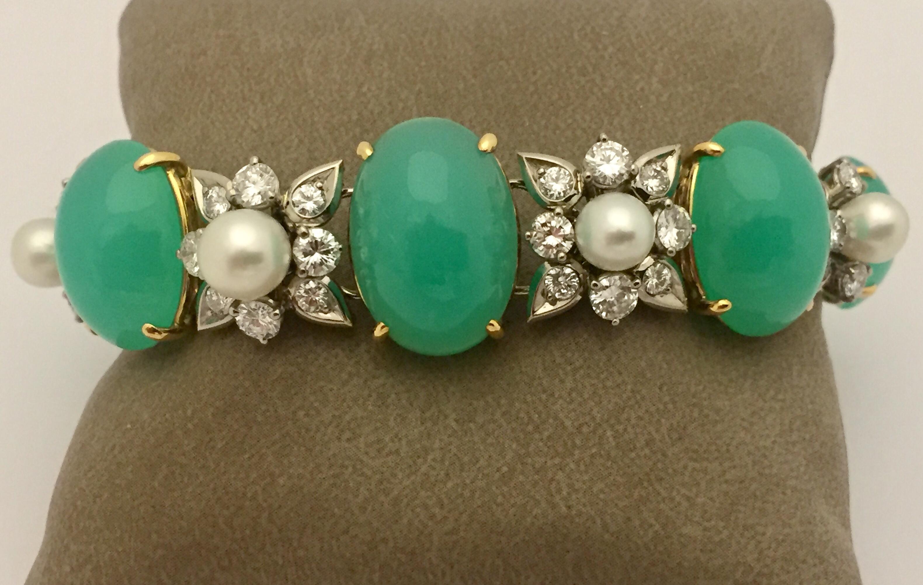 Women's 18 Karat Gold Chrysoprase Diamond-Pearl Bracelet, René Kern, circa 1970 For Sale