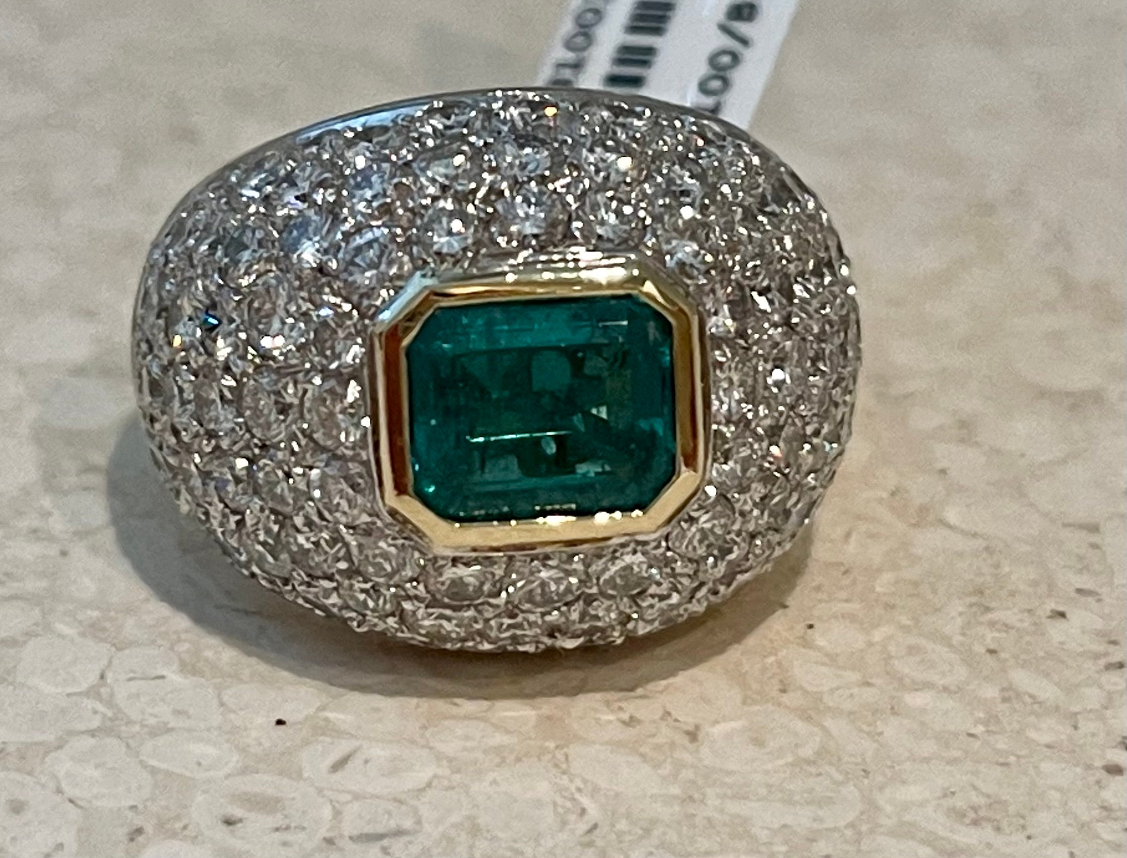 18 Karat Yellow and White Gold Dome Shaped Emerald and Diamond Ring For Sale