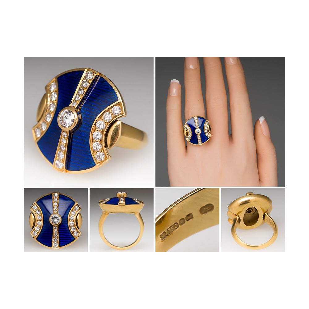 De Vroomen Guilloche Enamel Diamond Gold Ring In Excellent Condition For Sale In Bellevue, WA