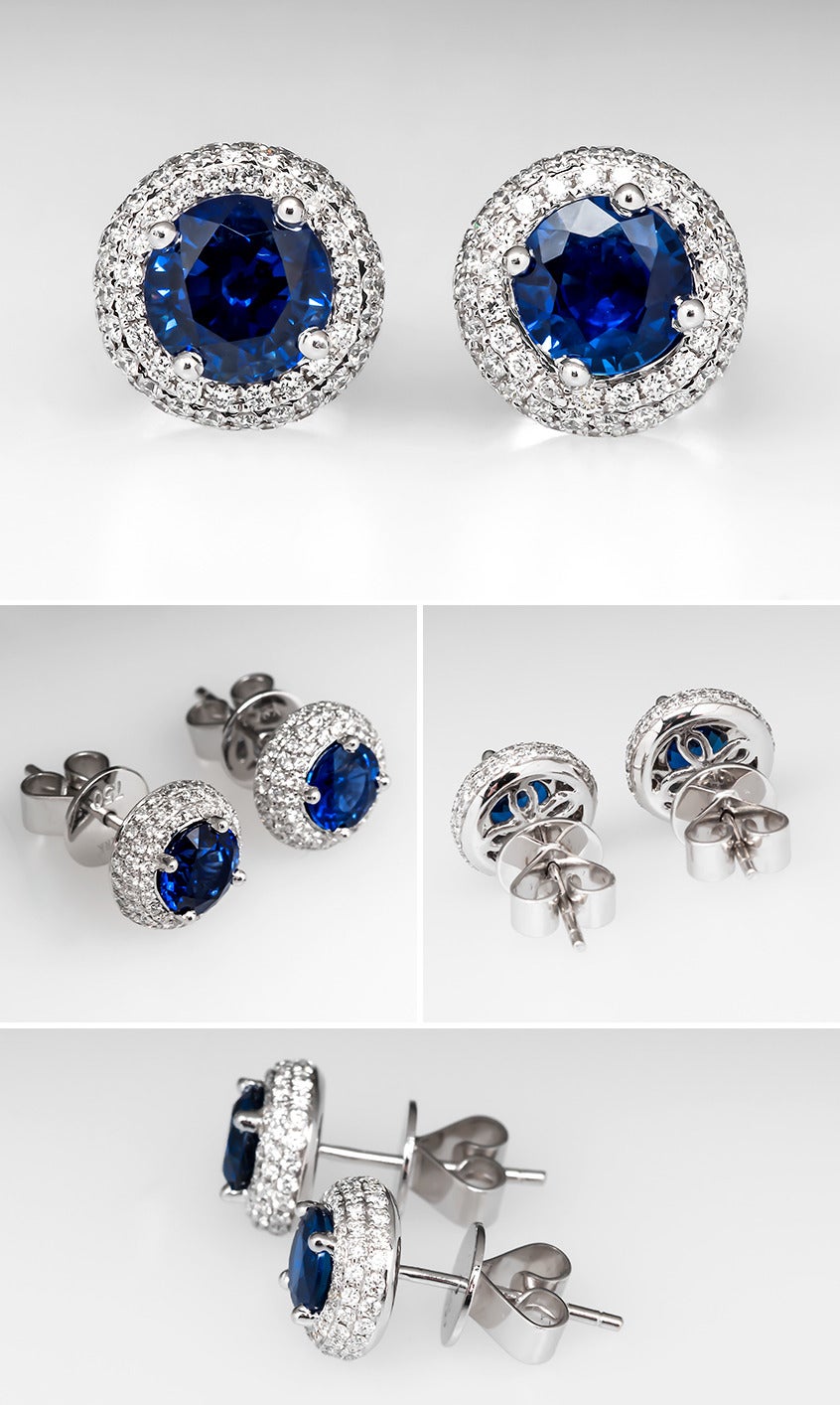 Modern Spark Sapphire Diamond Halo Gold Earrings