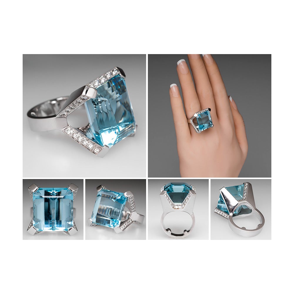 Modern 28 Carat Aquamarine Diamond Cocktail Ring For Sale