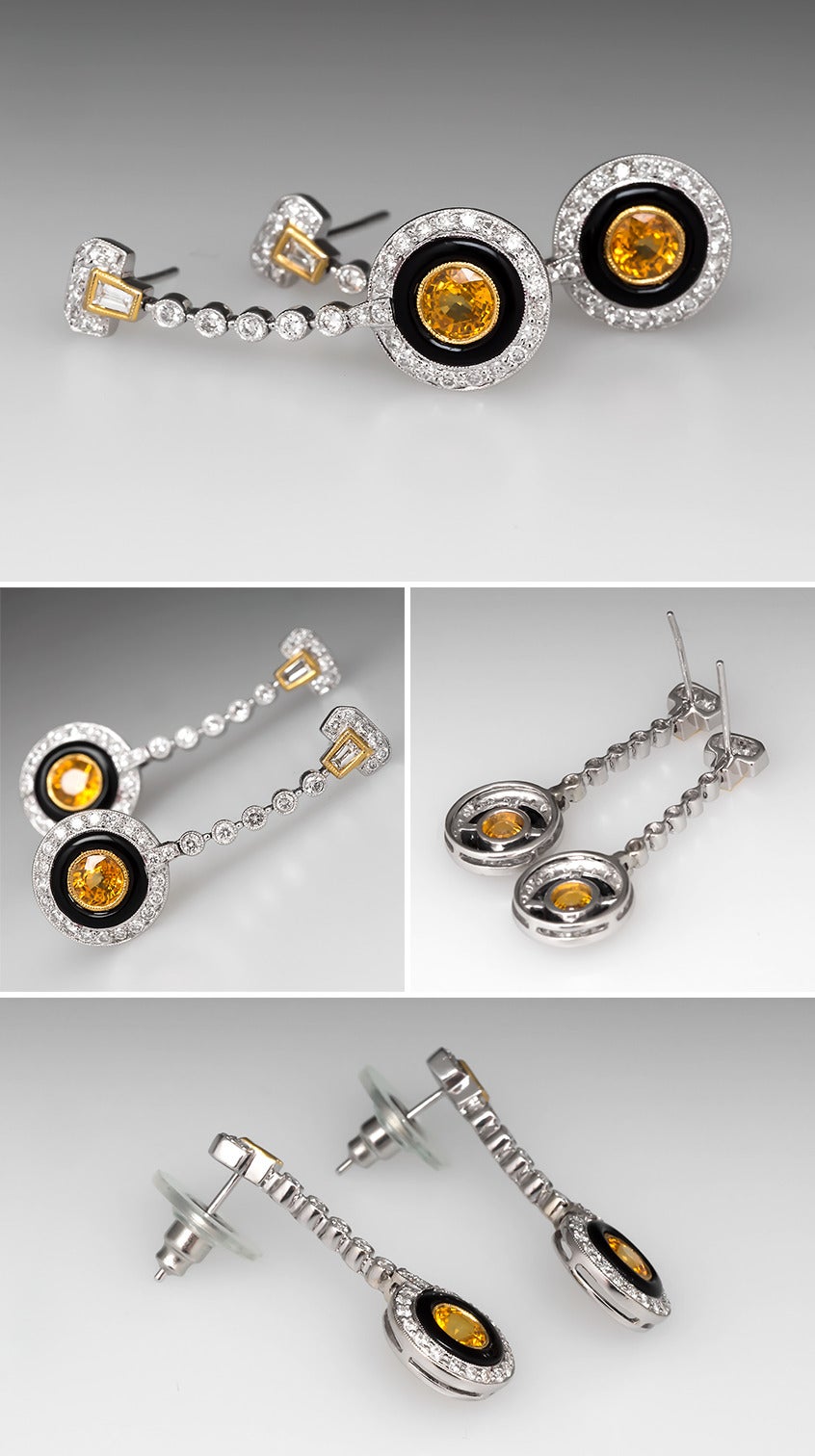 Art Deco Yellow Sapphire Onyx Two-Tone Gold Chandelier Earrings For Sale