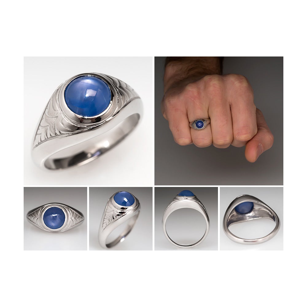 3.6 Carat Men's Unheated Star Sapphire Platinum Ring In Excellent Condition For Sale In Bellevue, WA