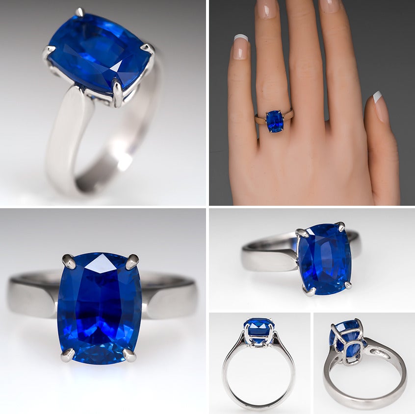 Modern 5 Carat No Heat GIA Cert Blue Sapphire Platinum Solitaire Ring For Sale