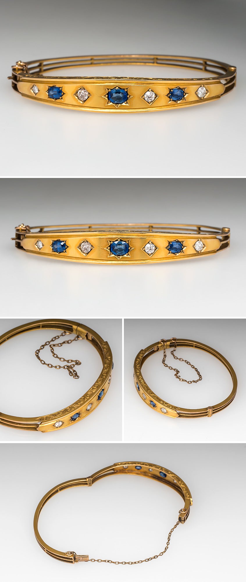Late Victorian Diamond Sapphire Bangle Bracelet In Excellent Condition For Sale In Bellevue, WA