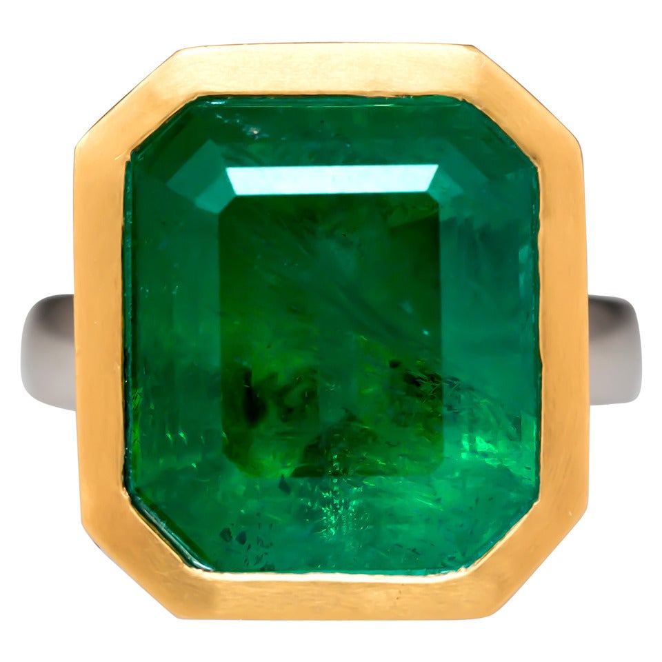 Custom 14 Carat Emerald Gold Platinum Cocktail Ring For Sale