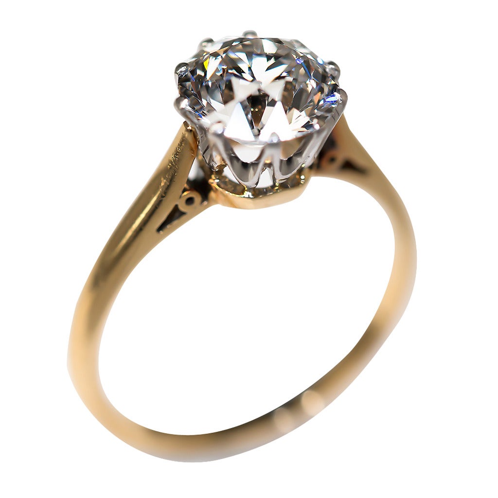2.27 Carat Old Euro Diamond Gold Platinum Antique Engagement Ring