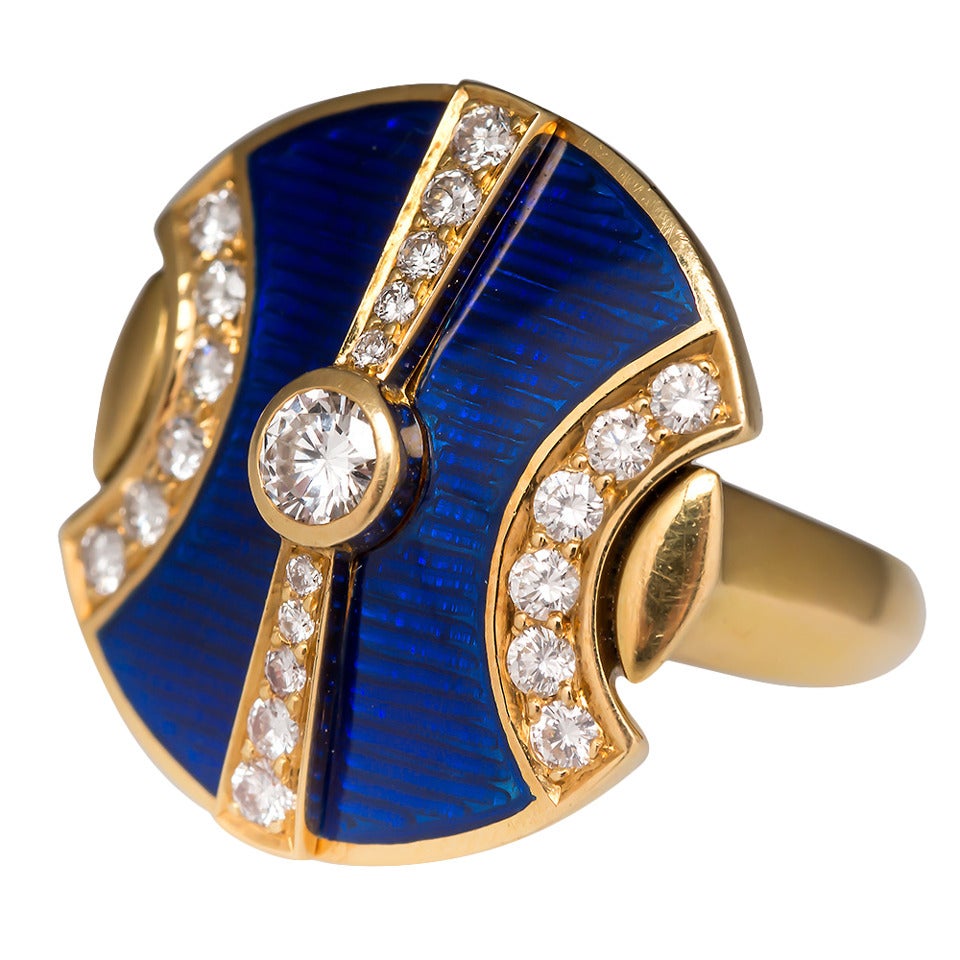 De Vroomen Guilloche Enamel Diamond Gold Ring For Sale