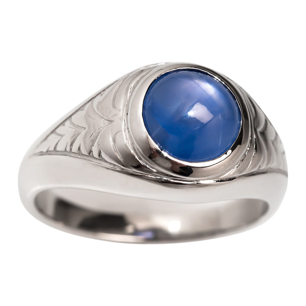 3.6 Carat Men's Unheated Star Sapphire Platinum Ring For Sale