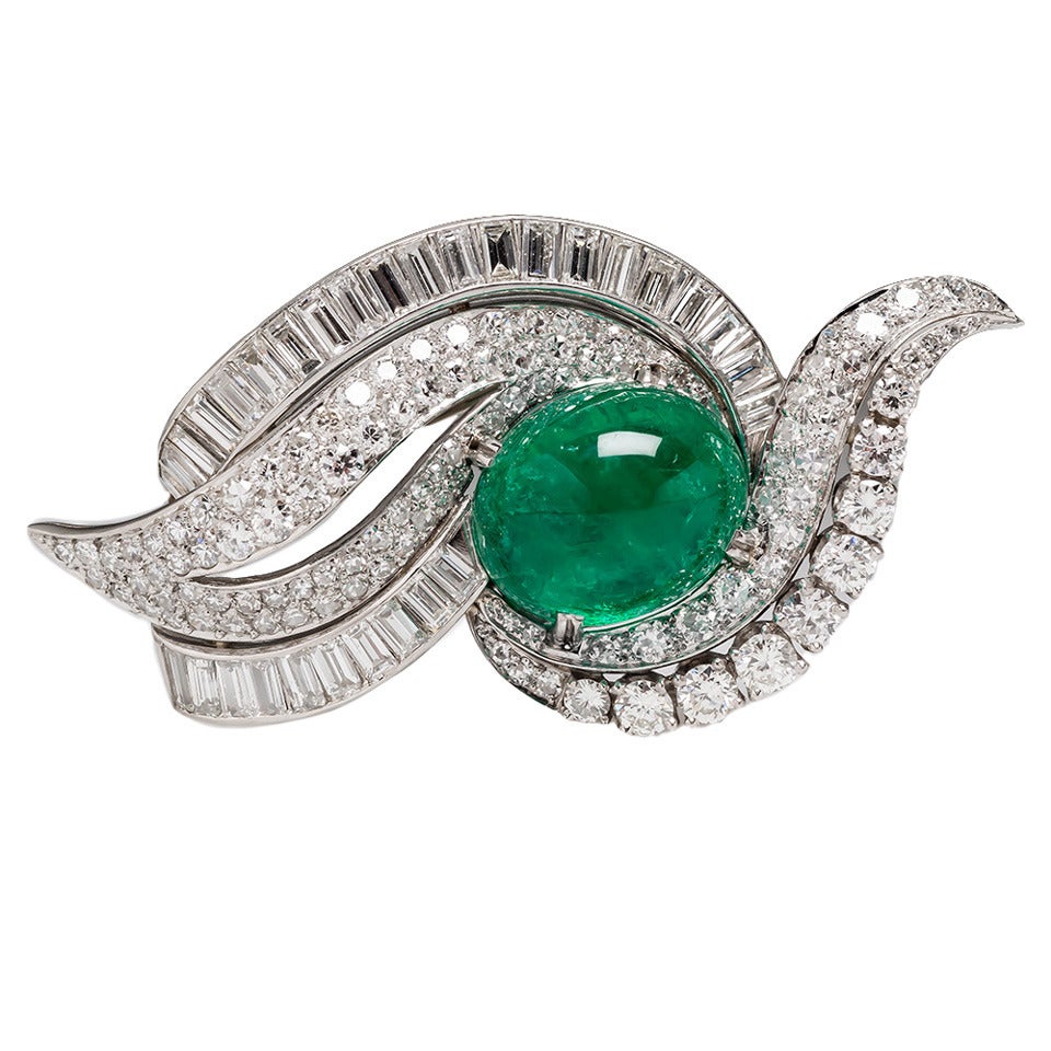 Retro Cabochon Emerald  Diamond Brooch For Sale