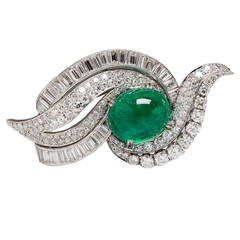 Retro Cabochon Emerald  Diamond Brooch