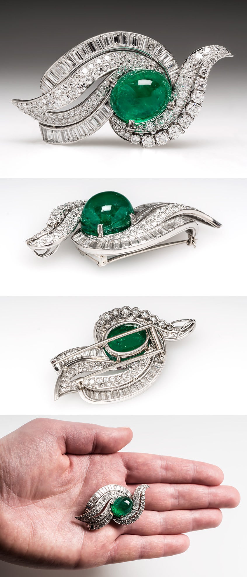 Retro Cabochon Emerald  Diamond Brooch In Excellent Condition For Sale In Bellevue, WA