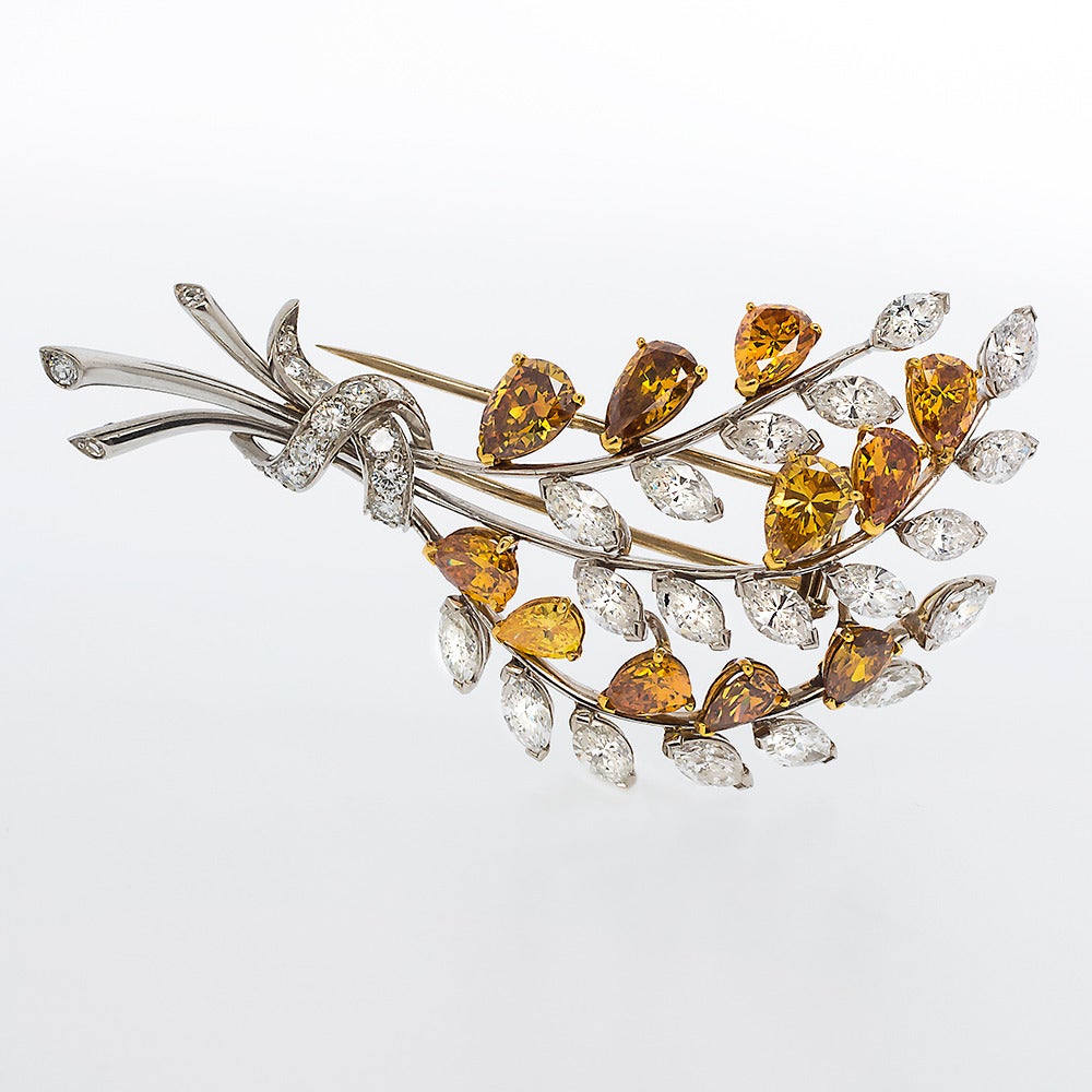 The brooch features a foliate motif and is prong set with nineteen (19) 
marquise brilliant cut diamonds and eleven (11) pear brilliant cut fancy 
colored diamonds that are set into eighteen karat yellow gold heads with 2 
prongs and 1 chevron