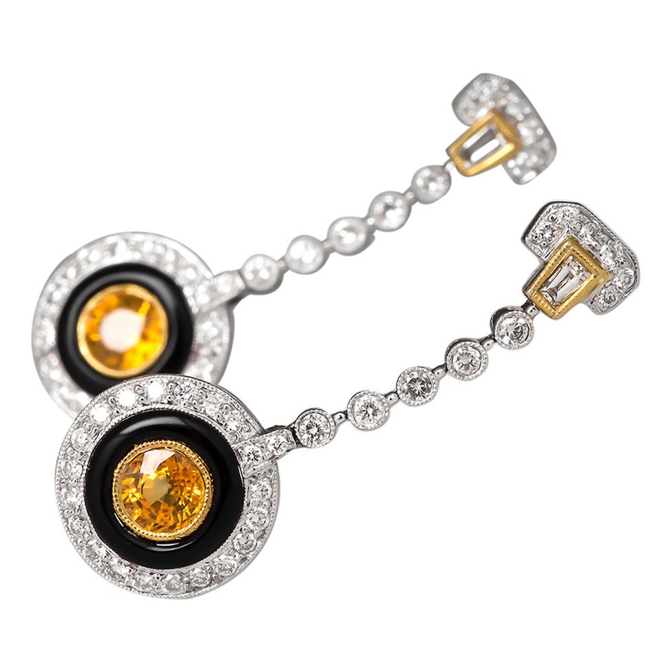 Yellow Sapphire Onyx Two-Tone Gold Chandelier Earrings For Sale